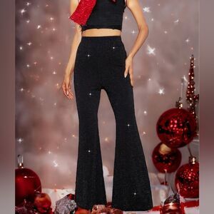 SHEIN NEW PRIVE ALL OVER GLITTER FLARE LEG PANTS BLACK  LARGE HOLIDAYS PARTY